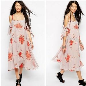 Free people tied to you dress printed floral FP small coldshoulder maxi long .